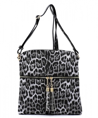 Leopard Zip Tassel Crossbody Bag LE062 BLACK